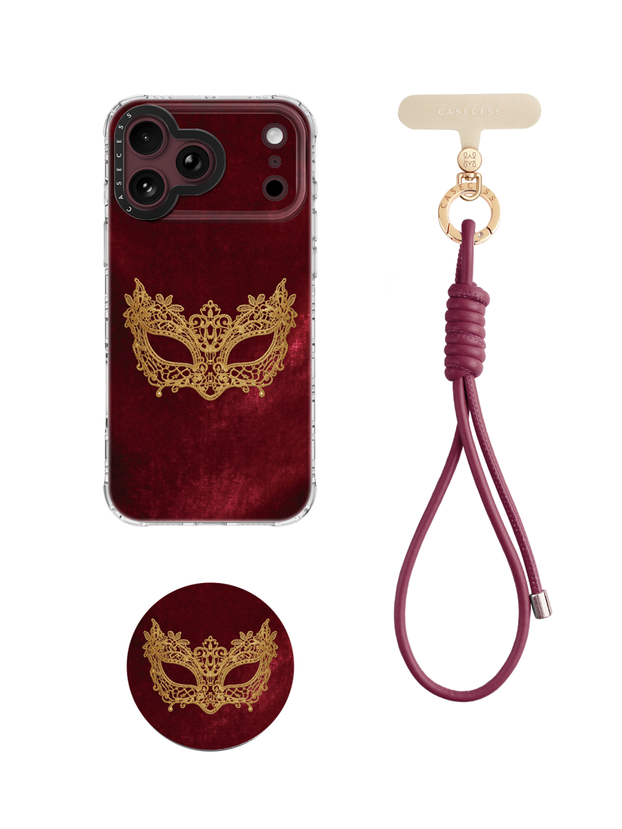Gilded Phantom Mask – Burgundy & Gold  Wrist Carry Set 3-Piece